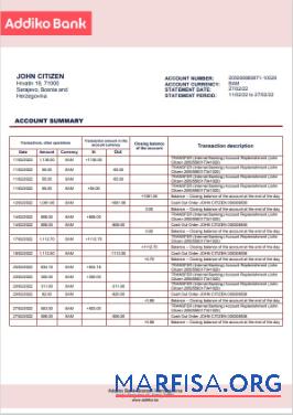 Printable Bosnia and Herzegovina Addiko bank statement word sample